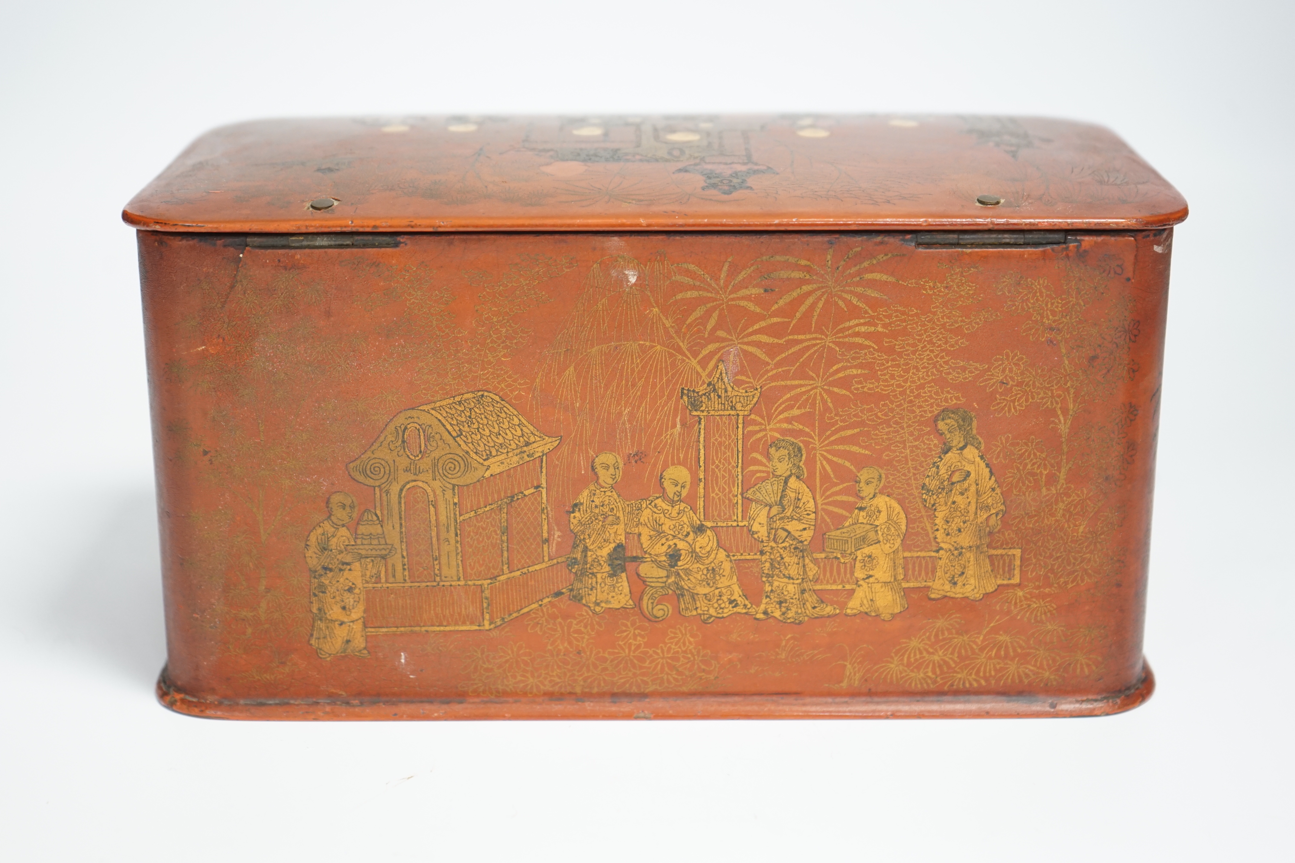 A 19th century French red japanned chinoiserie tea caddy, 11cm high